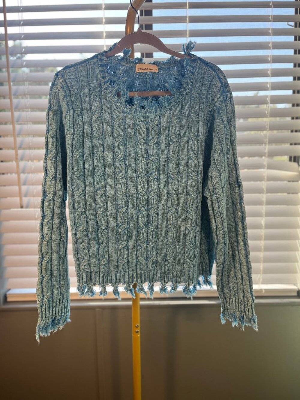 Zenana Distressed Cable Knit Sweater Blue Frayed Cotton Size :